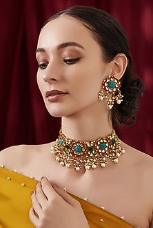Gold Finish Multi-Colored Kundan Polki & Pearl Beaded Choker Necklace Set
