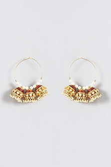 Gold Finish Kundan Polki Enamelled Hoop Earrings