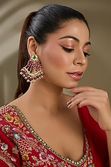 Gold Finish Kundan Polki & Ruby Beaded Chandbali Earrings