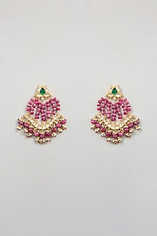 Gold Finish Kundan Polki & Ruby Beaded Chandbali Earrings