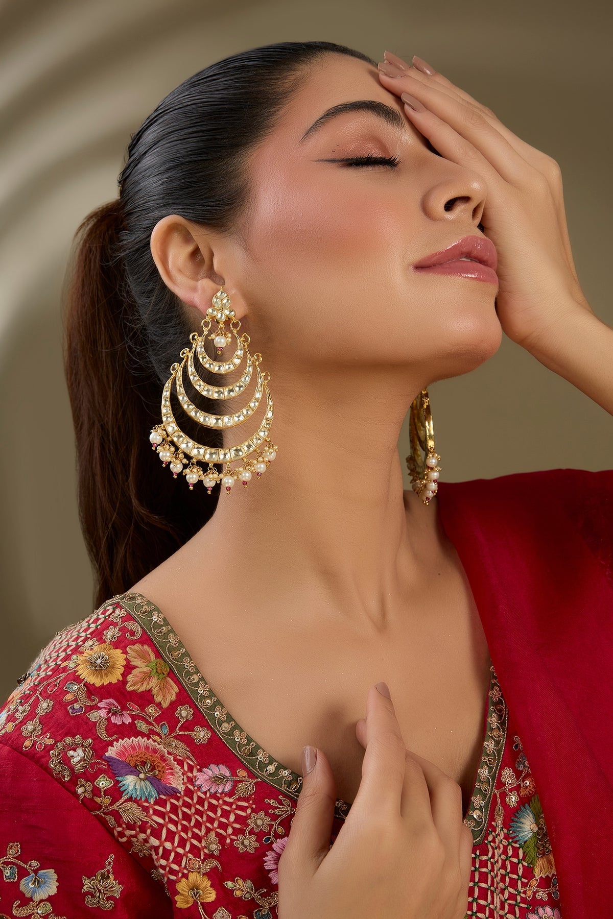 Gold Finish Kundan Polki & Pear Beaded Chandbali Earrings