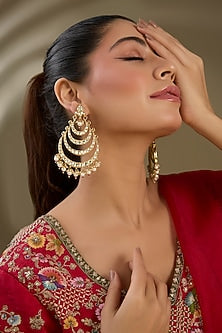Gold Finish Kundan Polki & Pear Beaded Chandbali Earrings