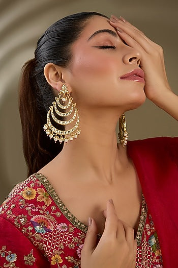 Gold Finish Kundan Polki & Pear Beaded Chandbali Earrings