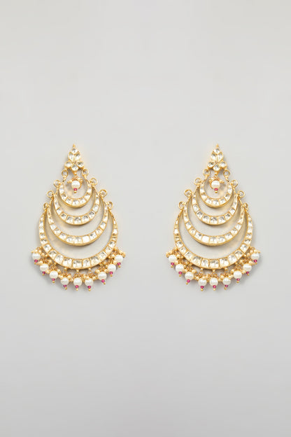 Gold Finish Kundan Polki & Pear Beaded Chandbali Earrings