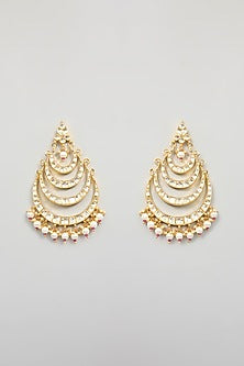 Gold Finish Kundan Polki & Pear Beaded Chandbali Earrings
