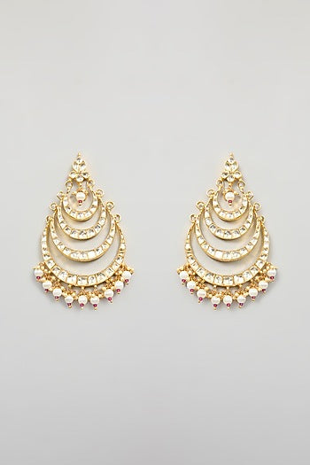 Gold Finish Kundan Polki & Pear Beaded Chandbali Earrings