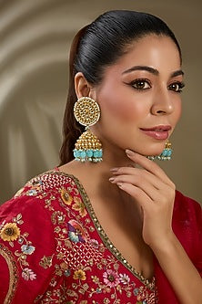 Gold Finish Kundan Polki & Blue Beaded Jhumka Earrings