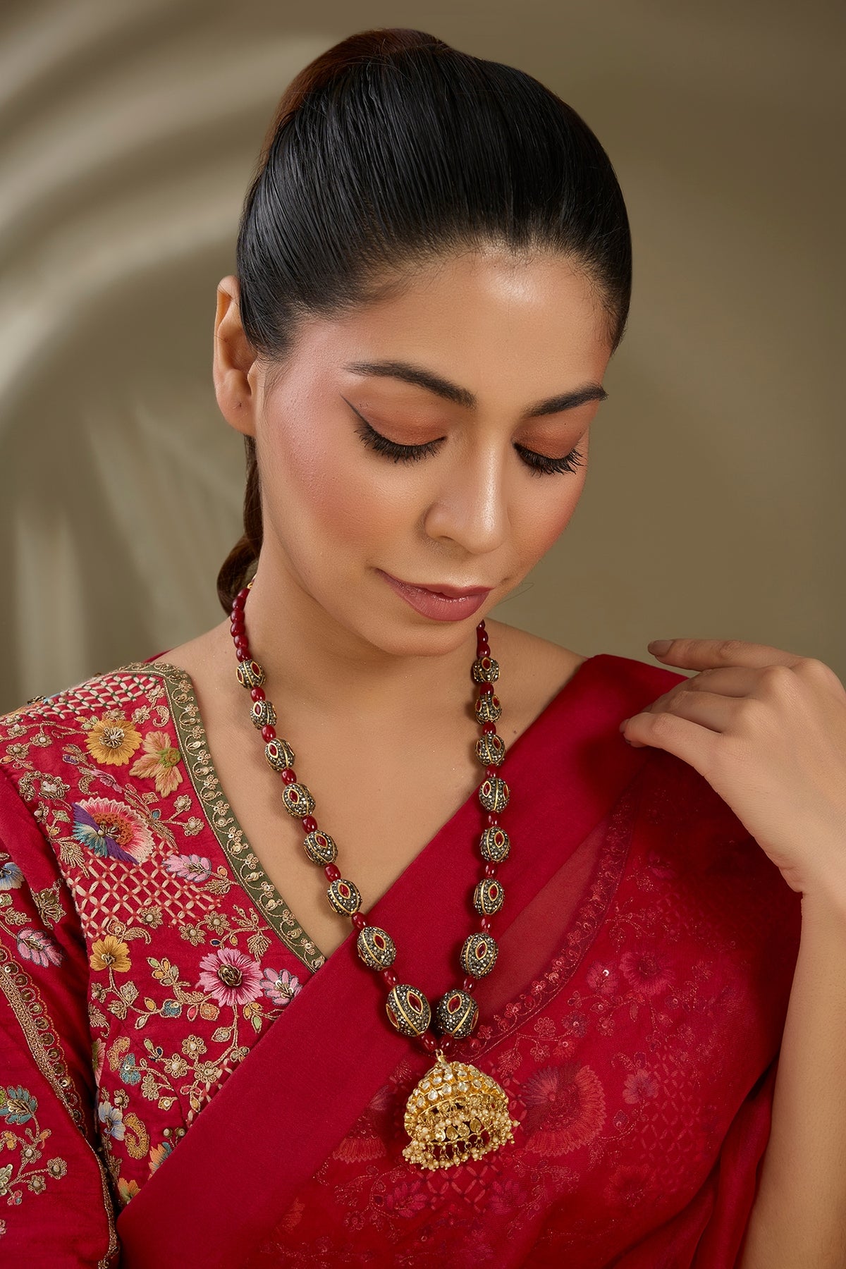 Gold Finish Kundan Polki & Black Stone Long Pendant Necklace