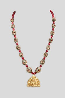 Gold Finish Kundan Polki & Black Stone Long Pendant Necklace