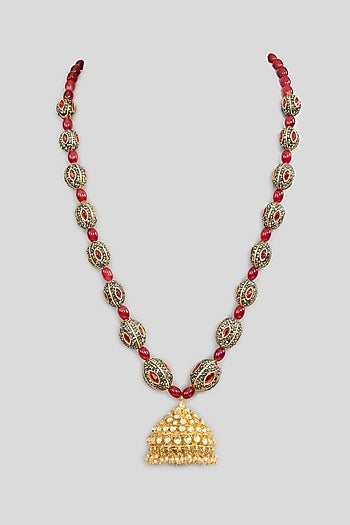 Gold Finish Kundan Polki & Black Stone Long Pendant Necklace