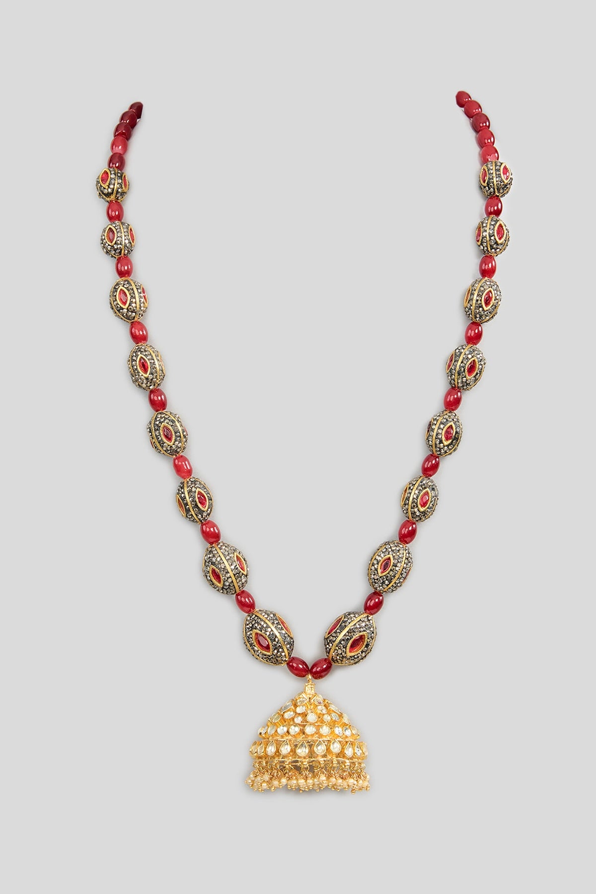 Gold Finish Kundan Polki & Black Stone Long Pendant Necklace