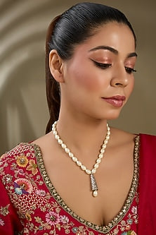 White Finish Zircon & Pearl Drop Pendant Necklace