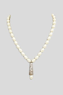 White Finish Zircon & Pearl Drop Pendant Necklace