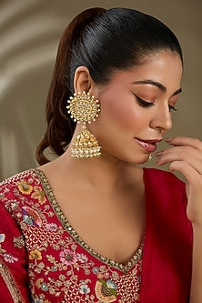 Gold Finish Kundan Polki & Beaded Jhumka Earrings
