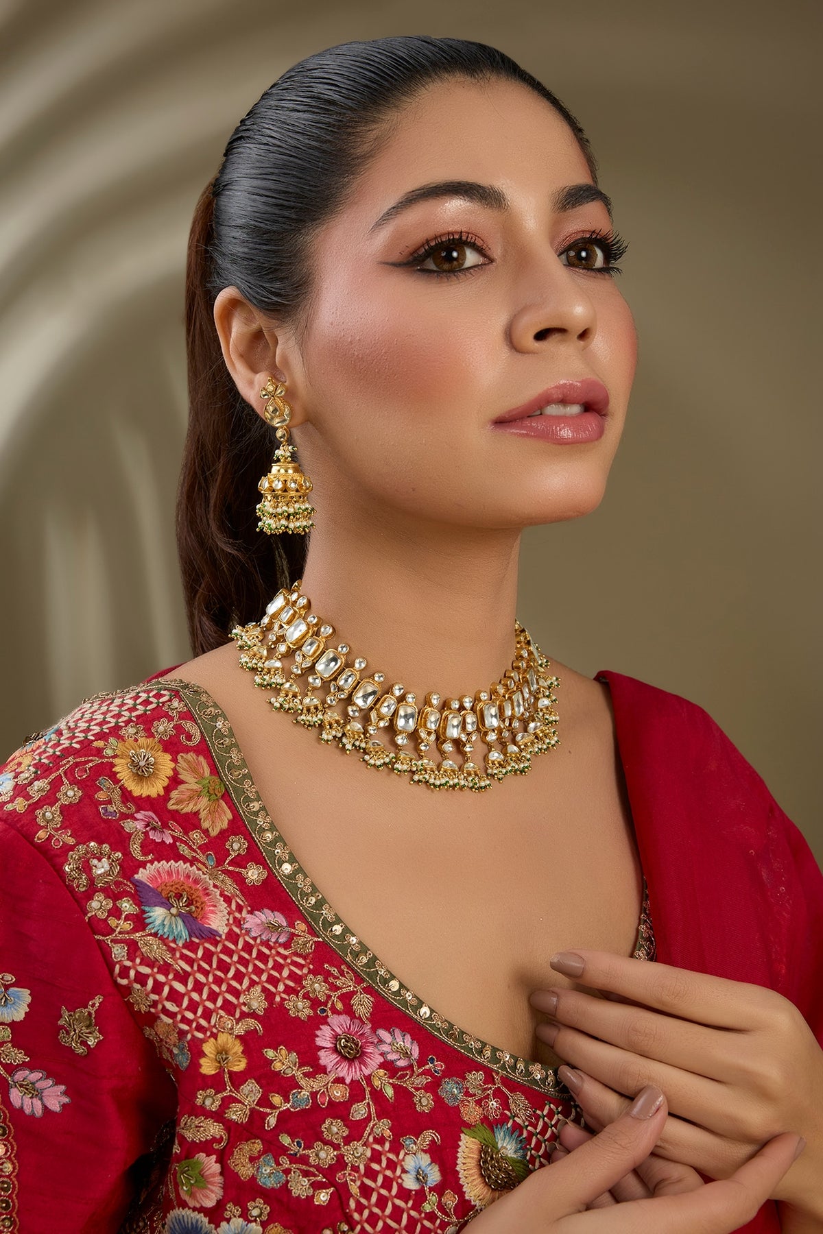 Gold Finish Kundan Polki & Green Beaded Choker Necklace Set