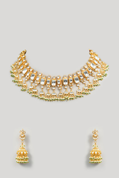 Gold Finish Kundan Polki & Green Beaded Choker Necklace Set