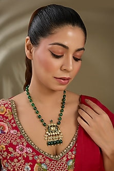 Gold Finish Kundan Polki Green Enameled Pendant Nath