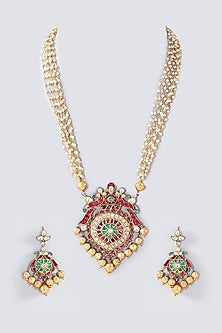 Gold Finish Kundan Polki & Multi-Colored Stone Pendant Necklace