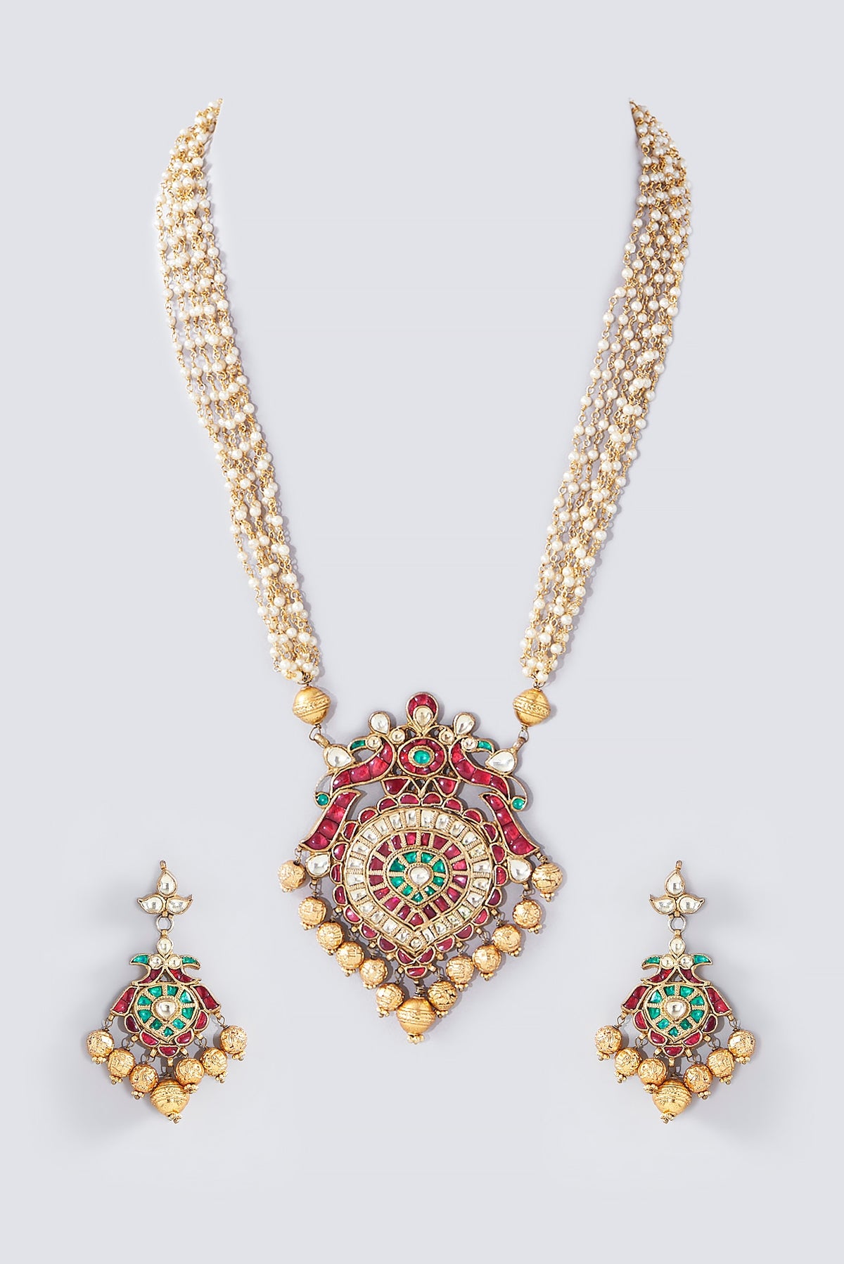 Gold Finish Kundan Polki & Multi-Colored Stone Pendant Necklace