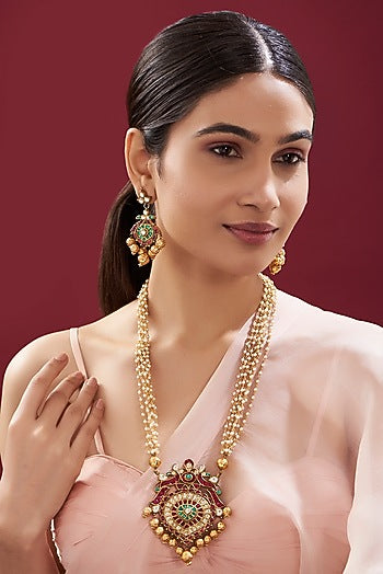 Gold Finish Kundan Polki & Multi-Colored Stone Pendant Necklace