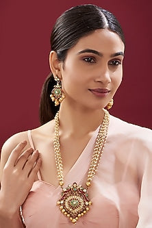 Gold Finish Kundan Polki & Multi-Colored Stone Pendant Necklace