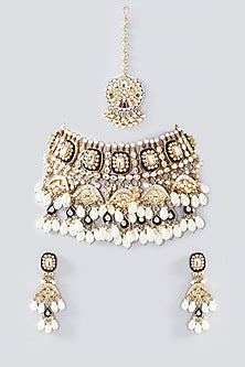 Gold Finish Multi-Colored Kundan Polki Choker Necklace Set