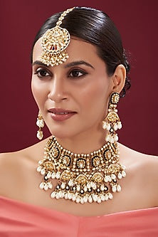 Gold Finish Multi-Colored Kundan Polki Choker Necklace Set