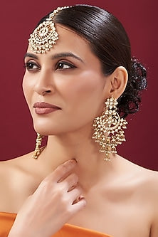 Gold Finish Kundan Polki Chandbali Earrings With Maang Tikka