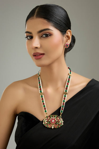 Gold Finish Multi-Colored Jadau Stone Long Pendant Necklace Set