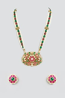 Gold Finish Multi-Colored Jadau Stone Long Pendant Necklace Set