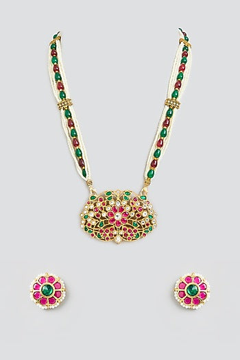 Gold Finish Multi-Colored Jadau Stone Long Pendant Necklace Set