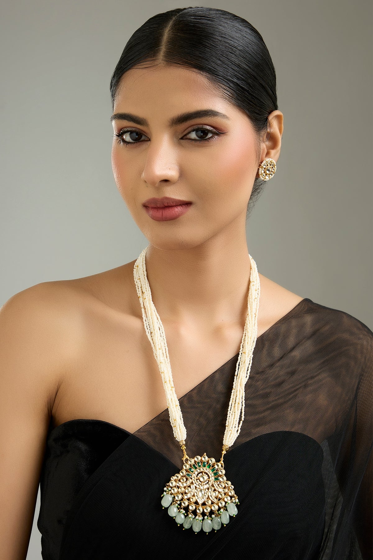 Gold Finish Kundan Polki & Pear String Pendant Necklace Set