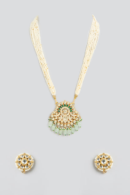 Gold Finish Kundan Polki & Pear String Pendant Necklace Set