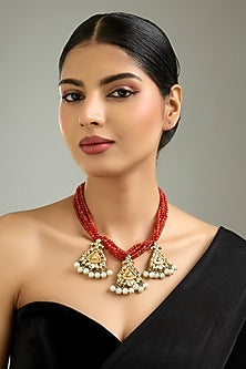 Gold Finish Kundan Polki & Aadi Work Necklace