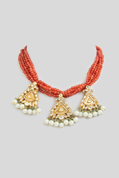 Gold Finish Kundan Polki & Aadi Work Necklace