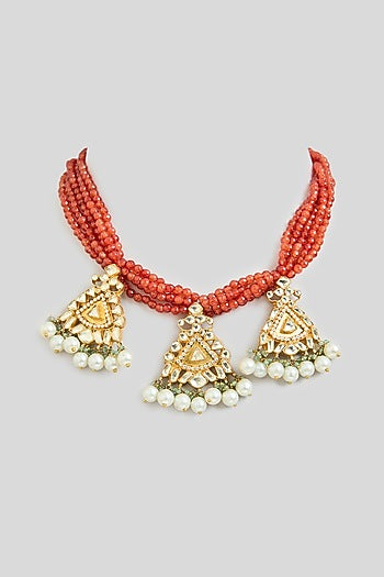 Gold Finish Kundan Polki & Aadi Work Necklace
