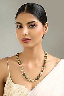 Gold Finish Multi-Colored Beaded & Pearl Necklace