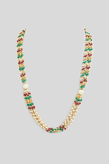 Gold Finish Multi-Colored Beaded & Pearl Necklace
