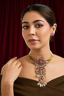 Gold Finish Kundan Polki & Beaded Hasli Necklace Set
