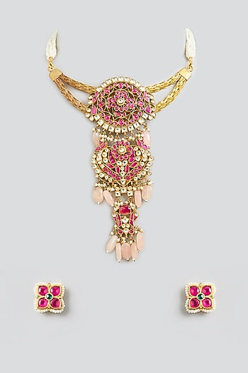 Gold Finish Kundan Polki & Beaded Hasli Necklace Set