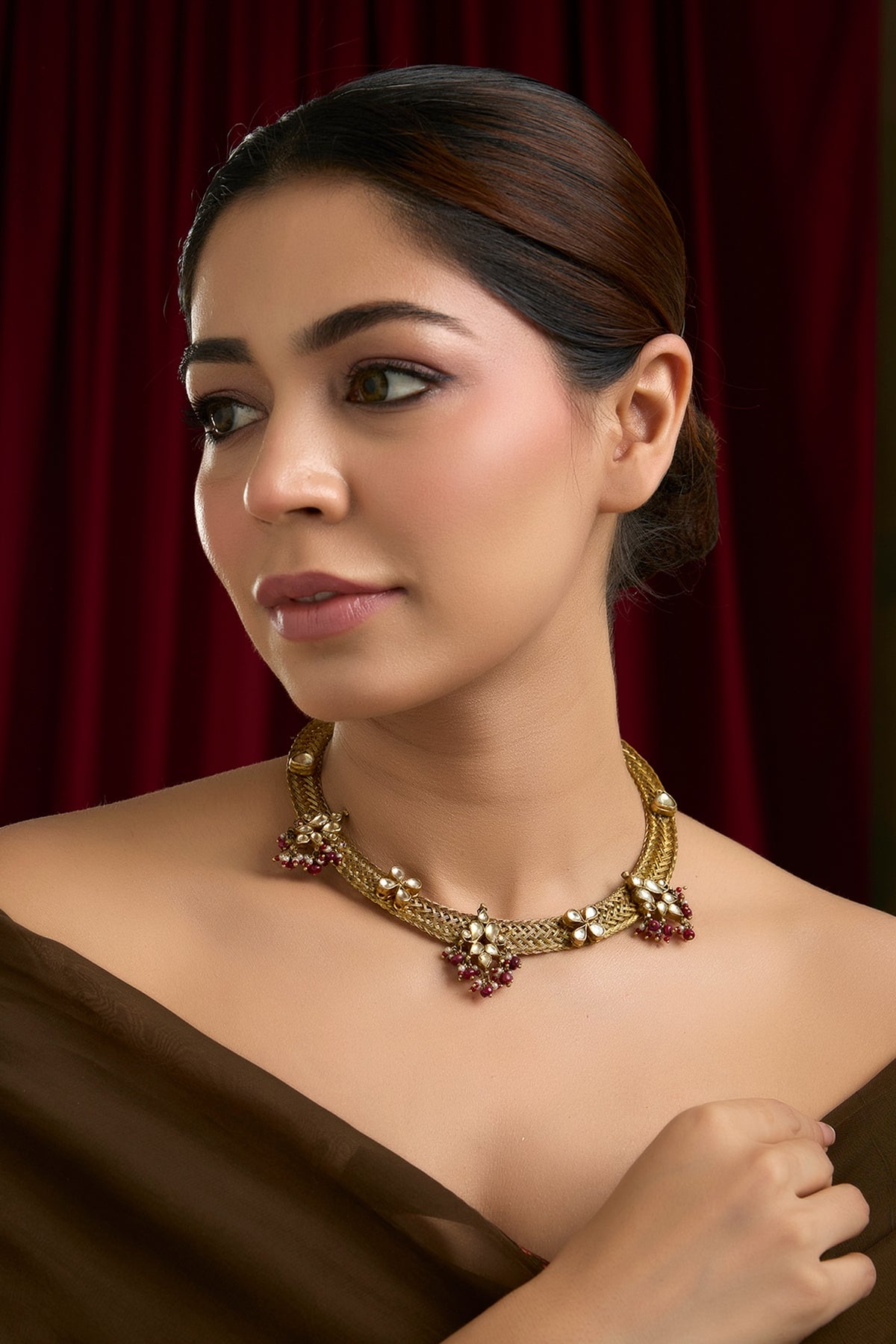 Gold Finish Kundan Polki & Beaded Hasli Necklace