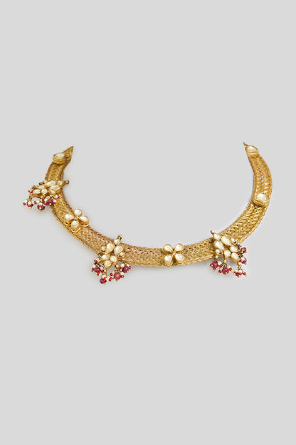Gold Finish Kundan Polki & Beaded Hasli Necklace