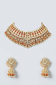Gold Finish Orange Beaded Necklace Set