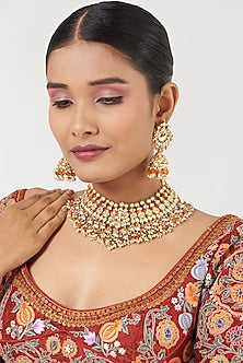 Gold Finish Orange Beaded Necklace Set