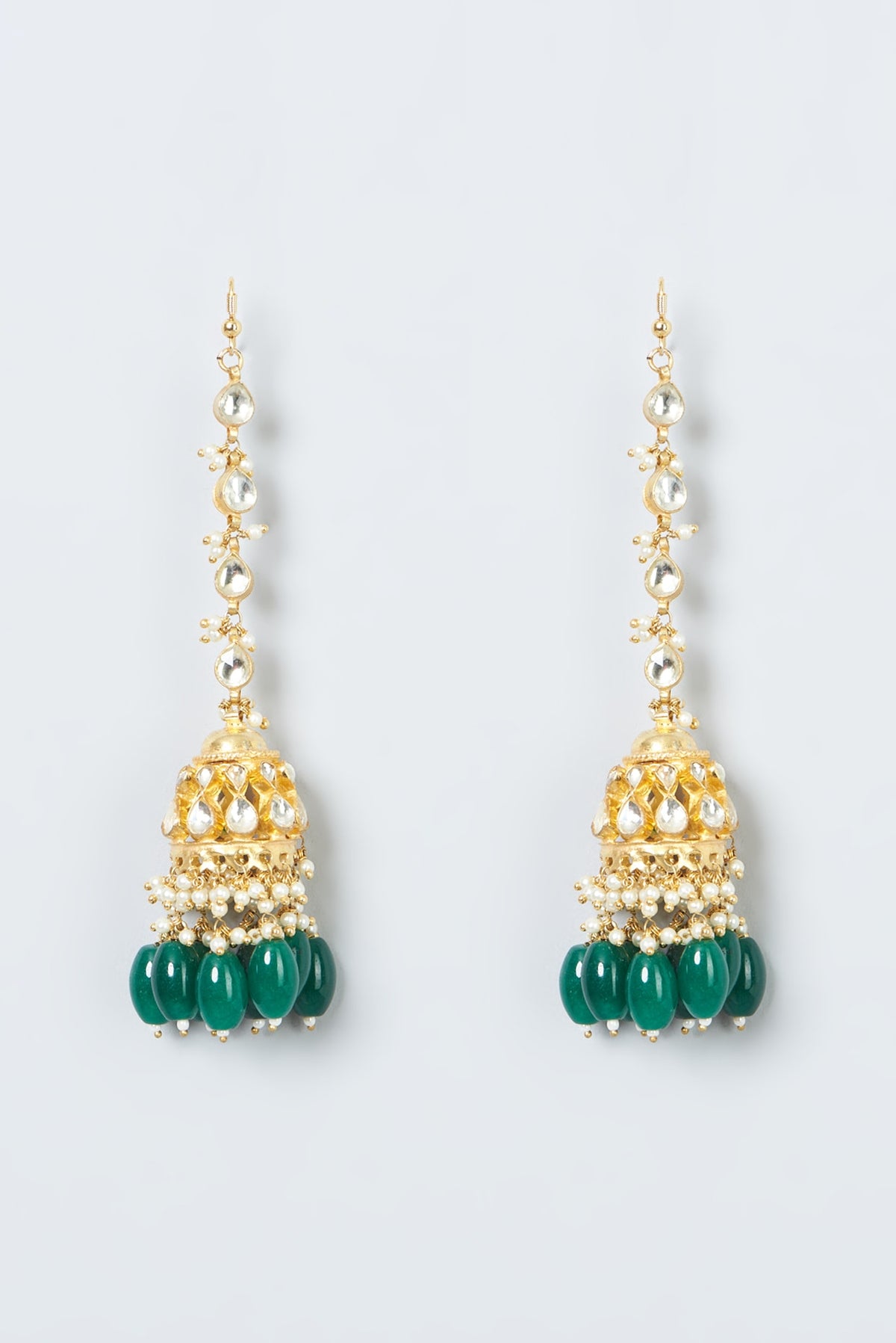 Gold Finish Kundan Polki & Green Beaded Jhumka Earrings