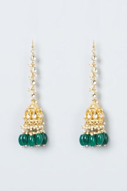 Gold Finish Kundan Polki & Green Beaded Jhumka Earrings