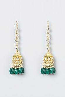 Gold Finish Kundan Polki & Green Beaded Jhumka Earrings