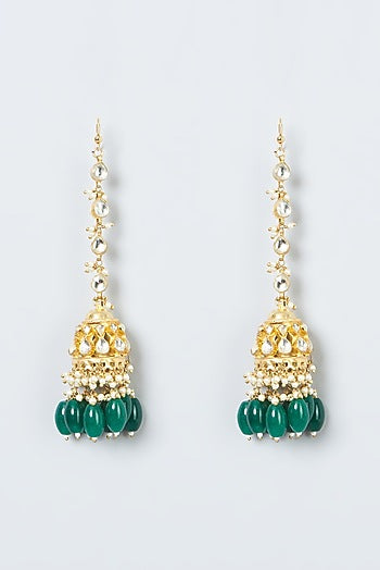 Gold Finish Kundan Polki & Green Beaded Jhumka Earrings
