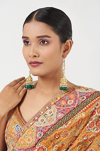 Gold Finish Kundan Polki & Green Beaded Jhumka Earrings