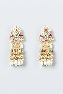 Gold Finish Kundan Polki & Pearls Jhumka Earrings